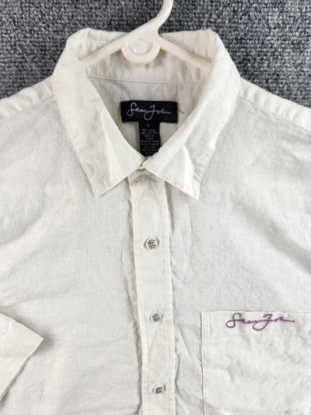 Sean John Large Linen Blend White Short Sleeve Button Up Shirt Purple Embroidery